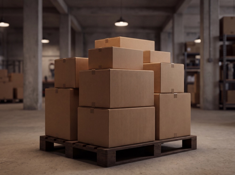 Neat stack of plain corrugated shipping boxes on a pallet in a warehouse aisle.