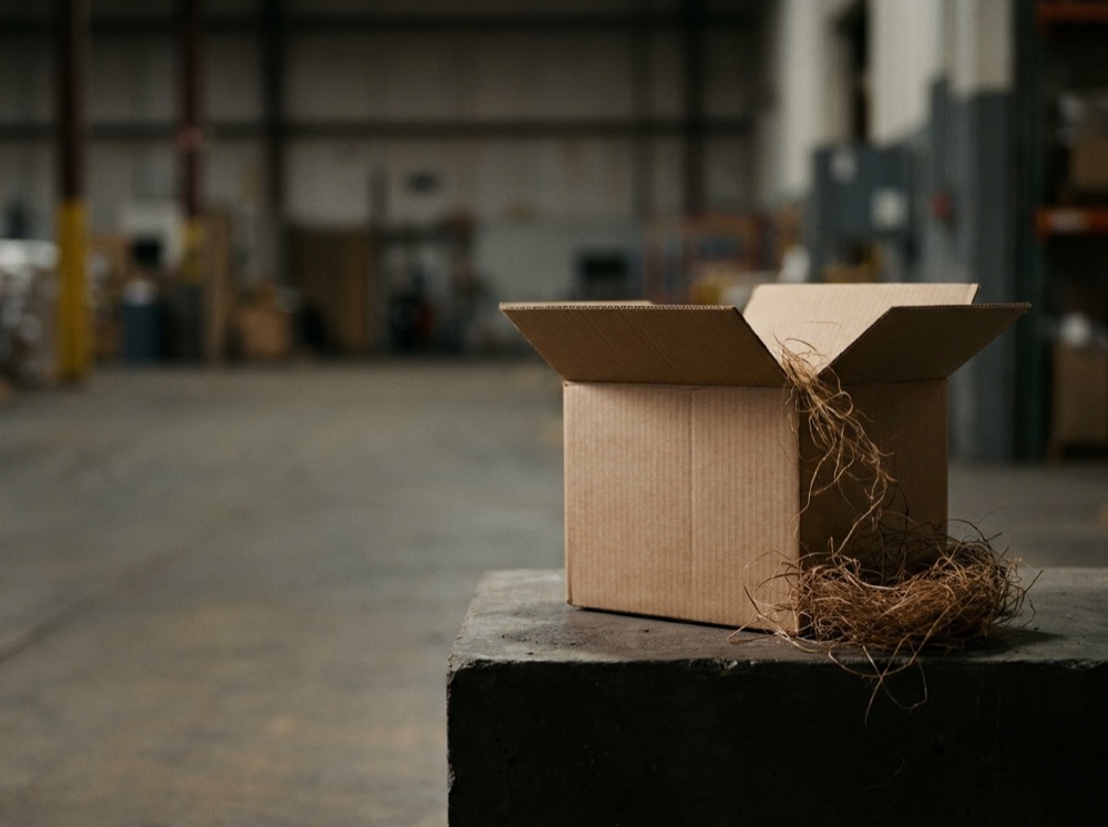 Open recycled-fiber box with natural packing fiber on a dark pedestal.
