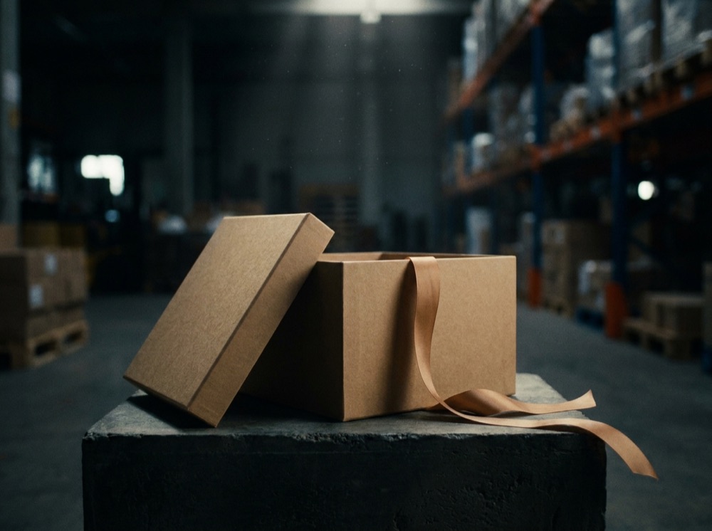 Open kraft gift box with lid resting beside it and a satin ribbon draped over the corner, lit under a single spotlight.