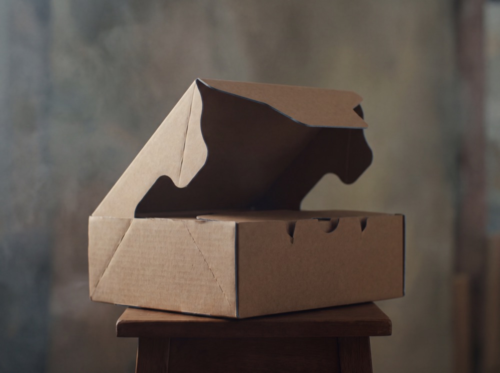 Angular die-cut specialty box caught mid-open, showing engineered fold lines.